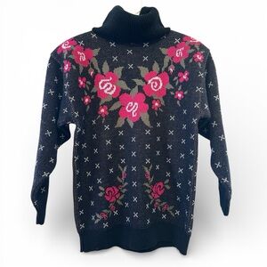Vintage 80’s Dressing Room Black and Pink Floral Turtleneck Sweater Size Small